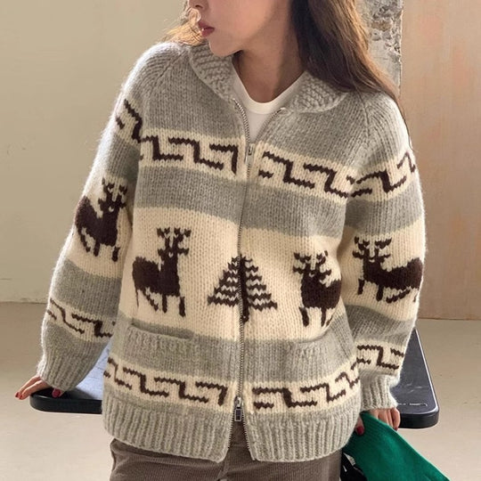 Damen Kuscheliger Zip-Cardigan mit festlichem Motiv Heidi-Mode