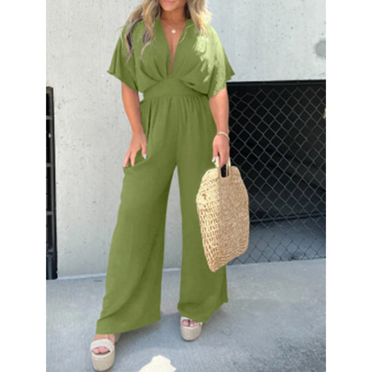 Damen eleganter Overall mit weitem Bein und tiefem V-Ausschnitt Heidi-Mode