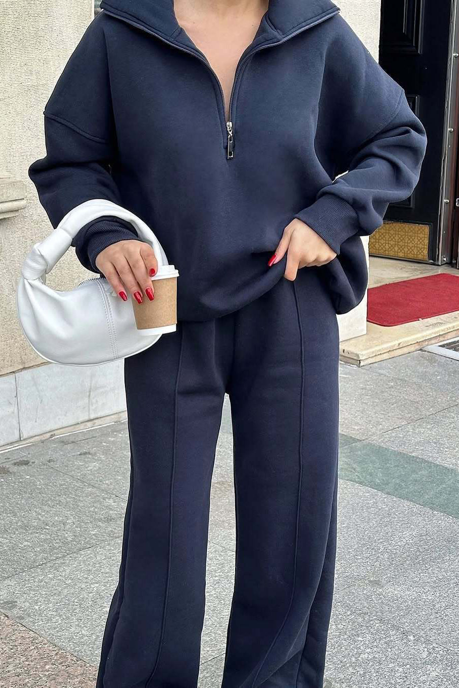 Heidi-Mode | Vibes Halb Offenes Pullover Sweatshirt und Hose Zwei Teiliges Satz