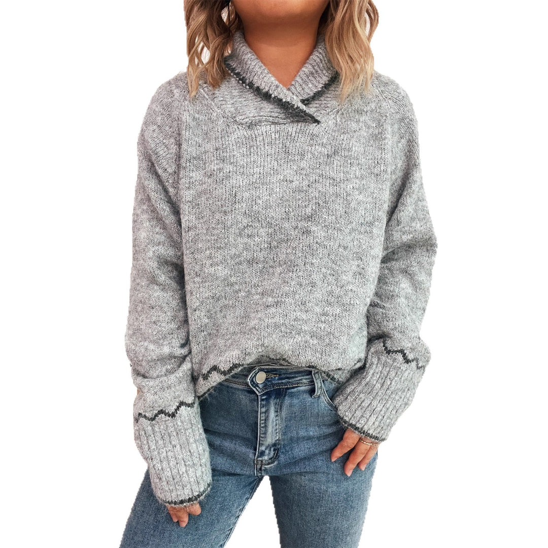 Damen lässiger Strickpullover mit modischem Kragen und fransigen Akzenten Heidi-Mode