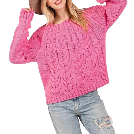 Damen Grobstrickpullover mit voluminösen Ärmeln und feinem Lochmuster Heidi-Mode