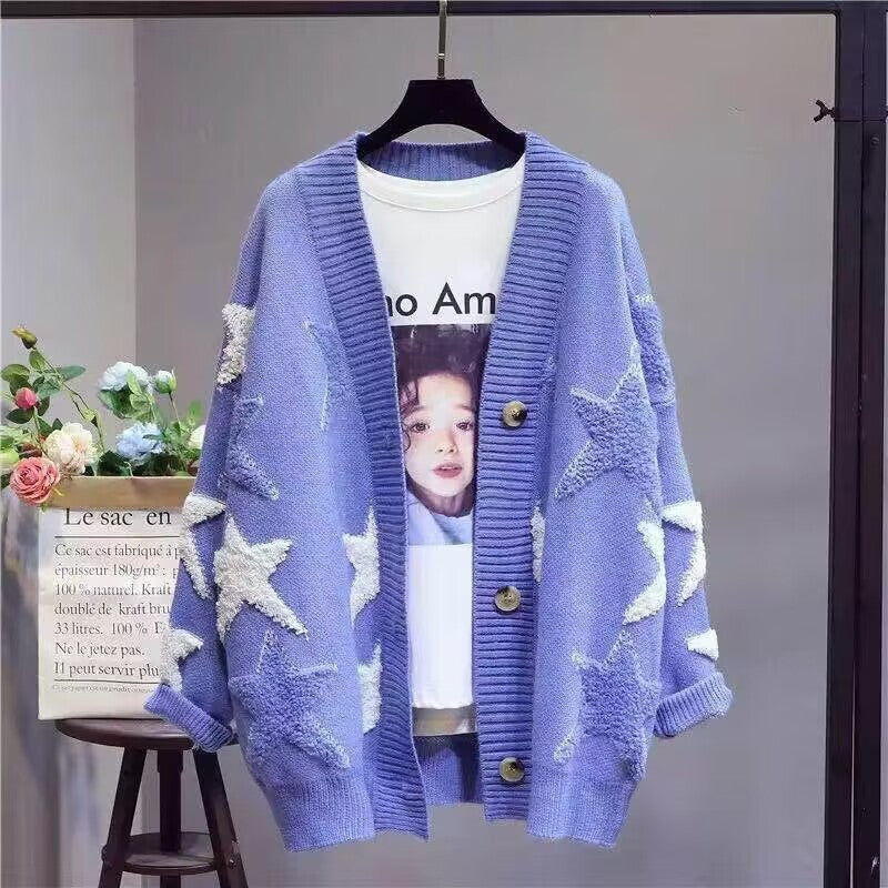 Damen Grobstrick-Cardigan mit Sternenmuster und tiefem V-Ausschnitt Heidi-Mode