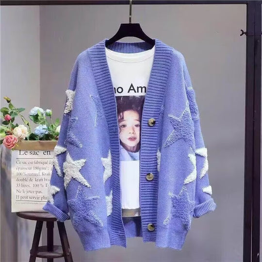 Damen Grobstrick-Cardigan mit Sternenmuster und tiefem V-Ausschnitt Heidi-Mode