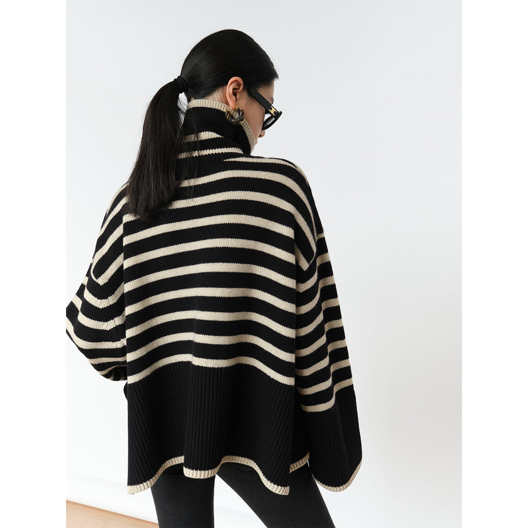 Damen Lässiger Strickpullover mit Blockstreifen und hohem Kragen Heidi-Mode