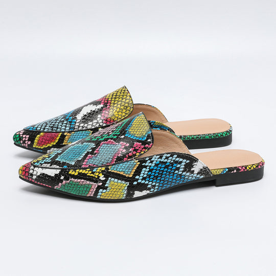 Damen Slip-On Mules mit buntem Schlangenmuster und komfortablem Fußbett Heidi-Mode