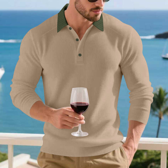 Herren Langarm Poloshirt mit strukturiertem Design und kontrastierendem Stehkragen Heidi-Mode