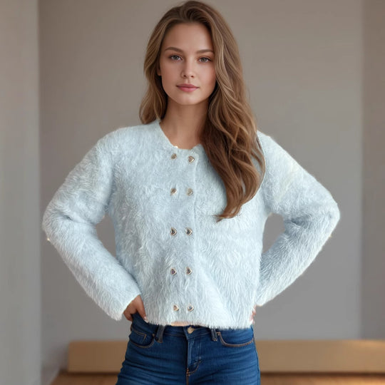 Damen flauschige Strickjacke mit herzförmigen Knöpfen und lockerer Passform Heidi-Mode