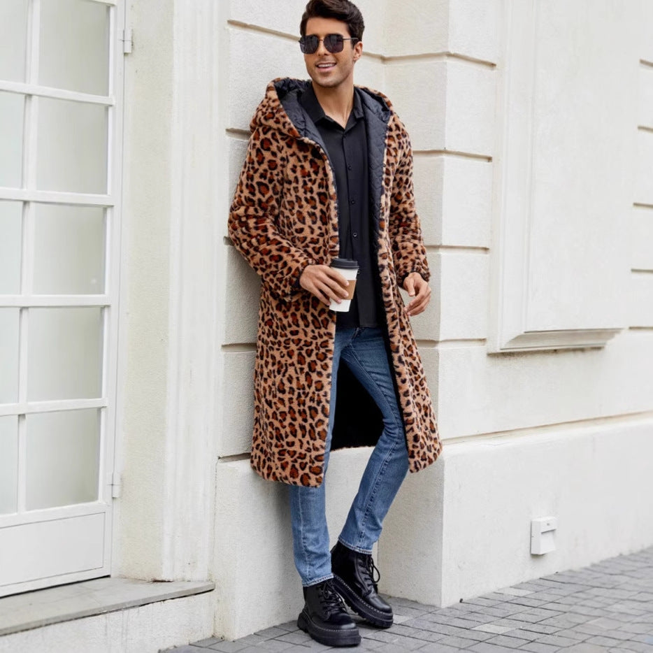 Herren Eleganter Kunstfellmantel mit Leopardenmuster Heidi-Mode