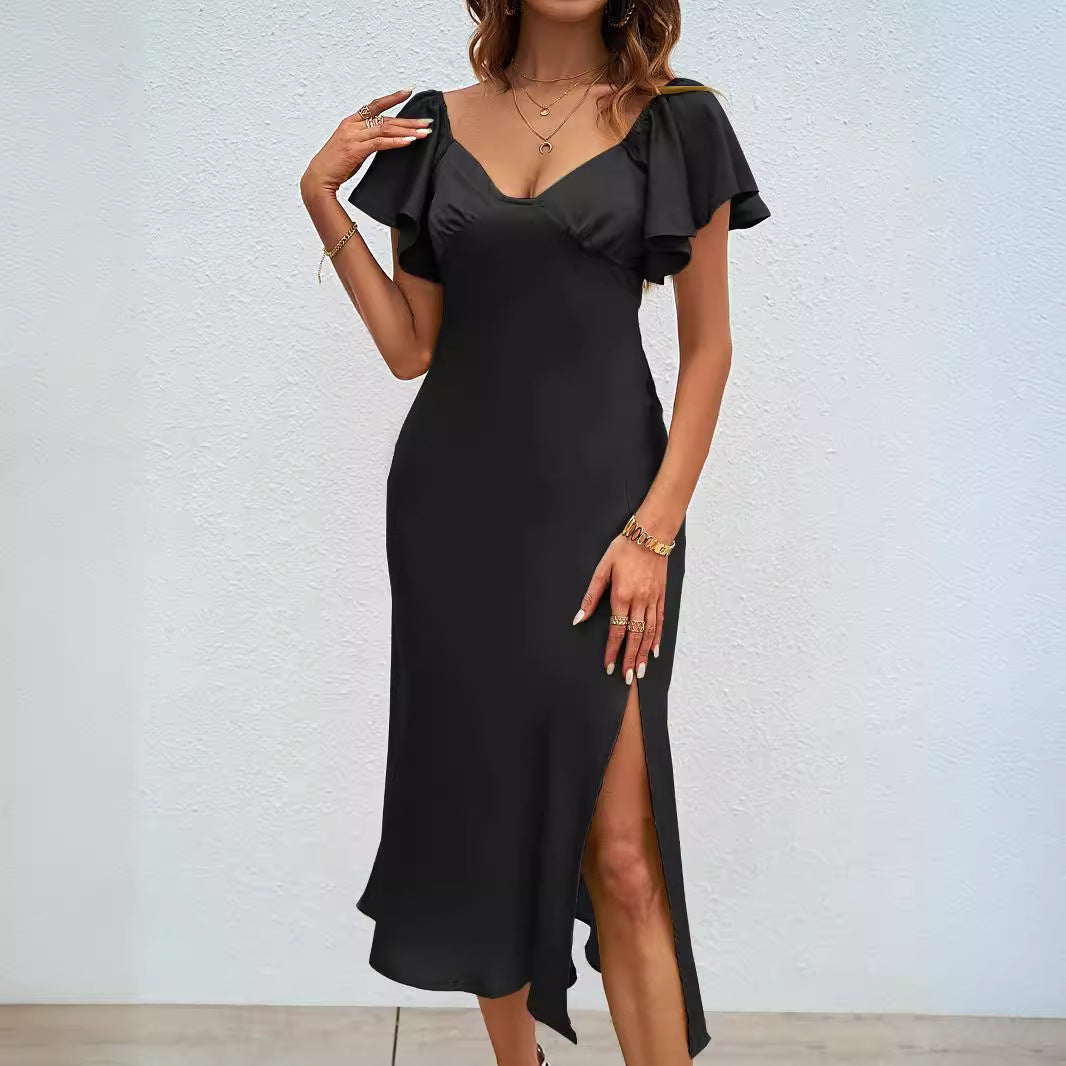 Damen elegantes Midikleid mit schickem V-Ausschnitt und voluminösen Rüschendetails Heidi-Mode