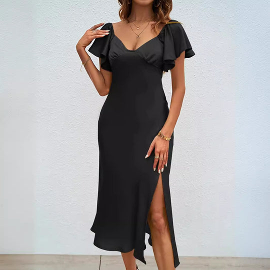 Damen elegantes Midikleid mit schickem V-Ausschnitt und voluminösen Rüschendetails Heidi-Mode