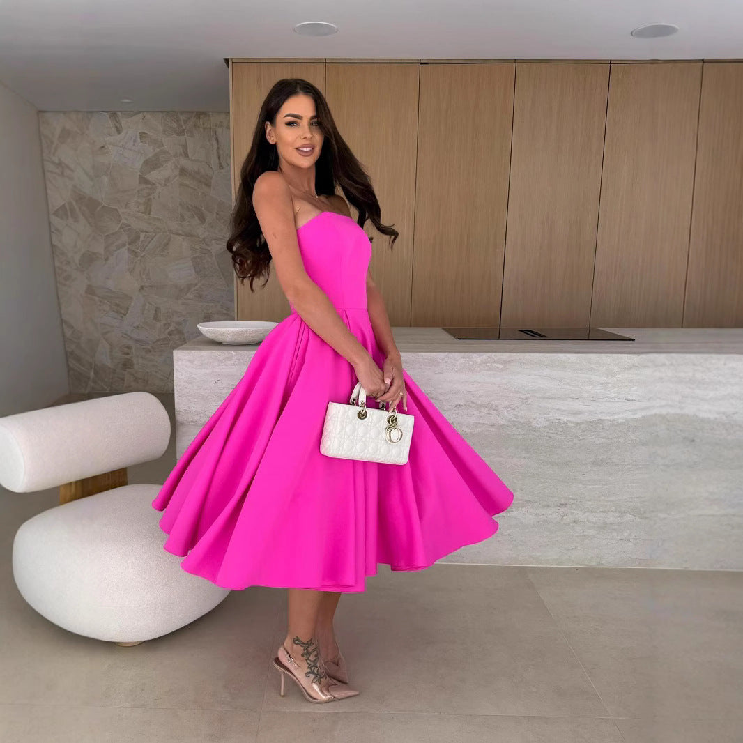 Damen A-linien Cocktailkleid mit trägerlosem Schnitt und schwingendem Rock Heidi-Mode