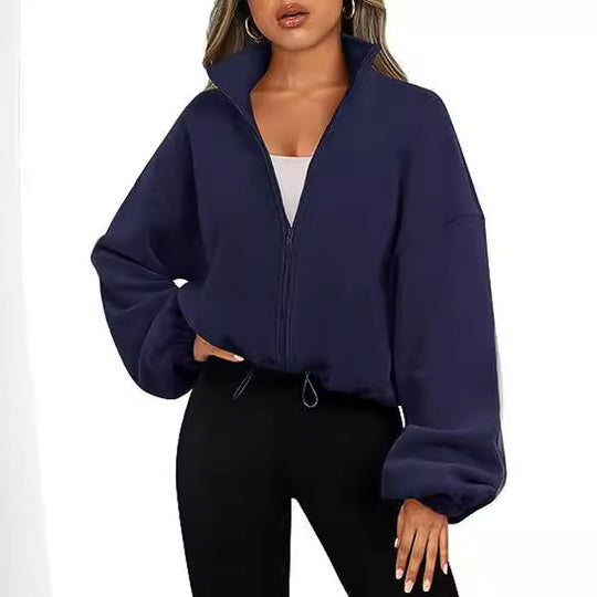 Damen Oversized Sweatjacke mit halbem Reißverschluss und Kordelzug Heidi-Mode