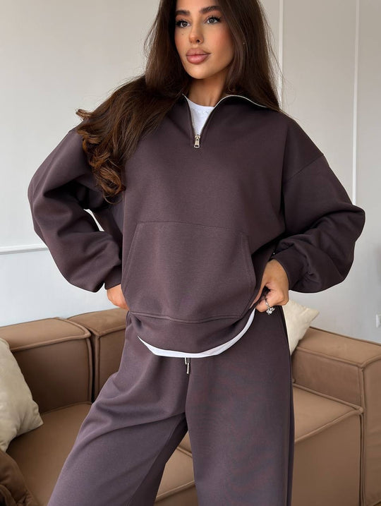 Damen lässiges Fleece-Set mit hochgeschlossenem Reißverschluss und weiten Beinen Heidi-Mode