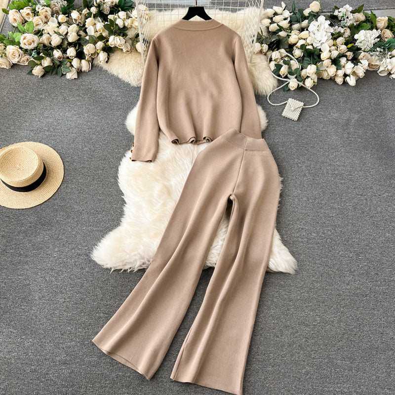 Damen elegantes Strick-Loungewear-Set mit dekorativen Knöpfen und weitem Bein Heidi-Mode