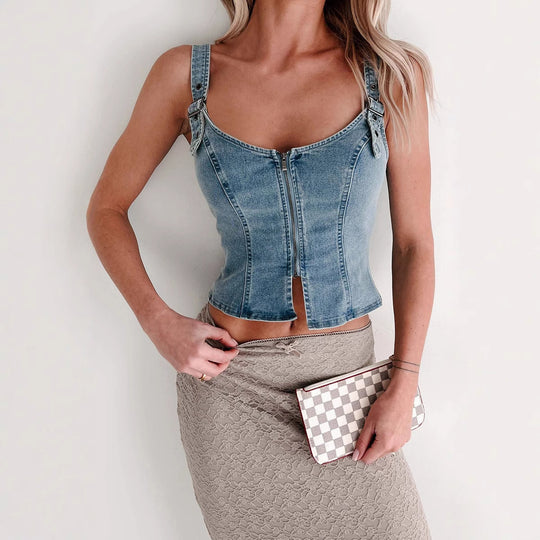 Damen Denim-Corsage mit Reißverschluss und verstellbaren Trägern Heidi-Mode