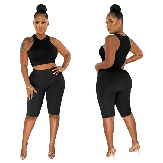 Damen Zweiteiliges Sport-Set mit hochgeschlossenem Top und figurbetonten Radlerhosen Heidi-Mode