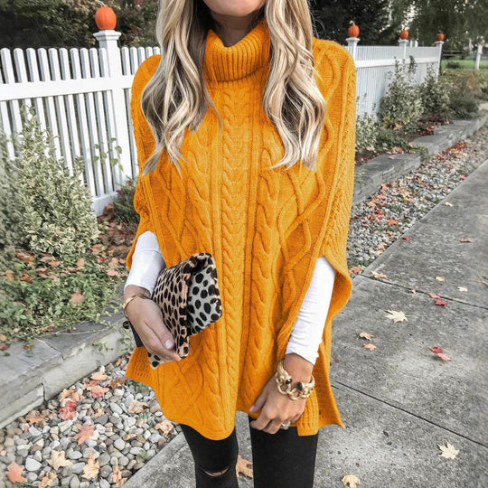 Damen Strickponcho mit hochschließendem Kragen und klassischem Kabelmuster Heidi-Mode