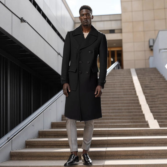 Herren eleganter Dufflecoat mit tiefem Revers und praktischen Taschen Heidi-Mode