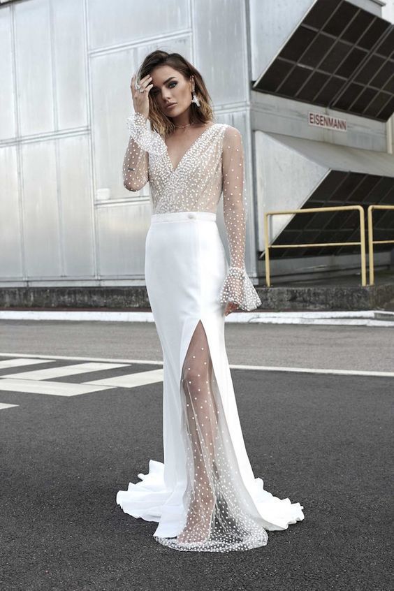 Damen Hochgeschlitztes Abendkleid mit transparentem Oberteil und Perlenapplikationen Heidi-Mode