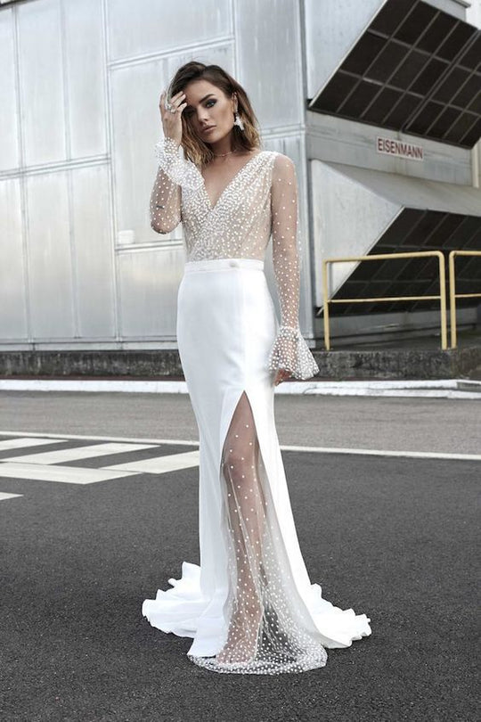 Damen Hochgeschlitztes Abendkleid mit transparentem Oberteil und Perlenapplikationen Heidi-Mode