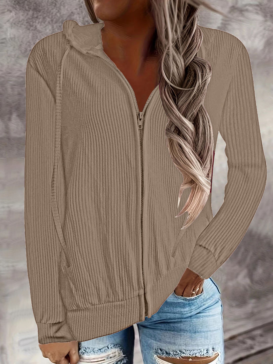 Damen Kapuzenjacke im modernen Rippenstrickdesign mit Taschen Heidi-Mode