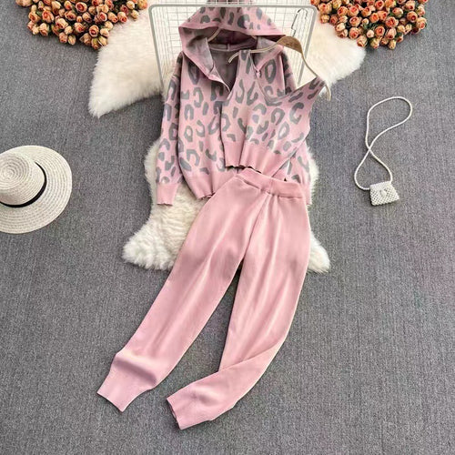Damen lässiges Hoodie- und Jogginganzug-Set mit Leopardenmuster Heidi-Mode