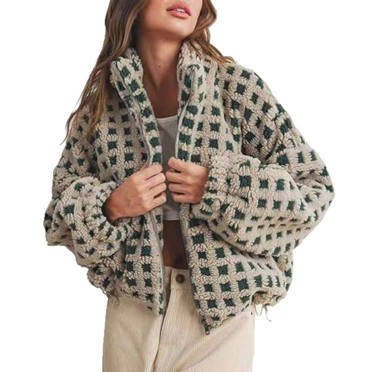 Damen kuschelige Fleecejacke im modernen Karodesign Heidi-Mode