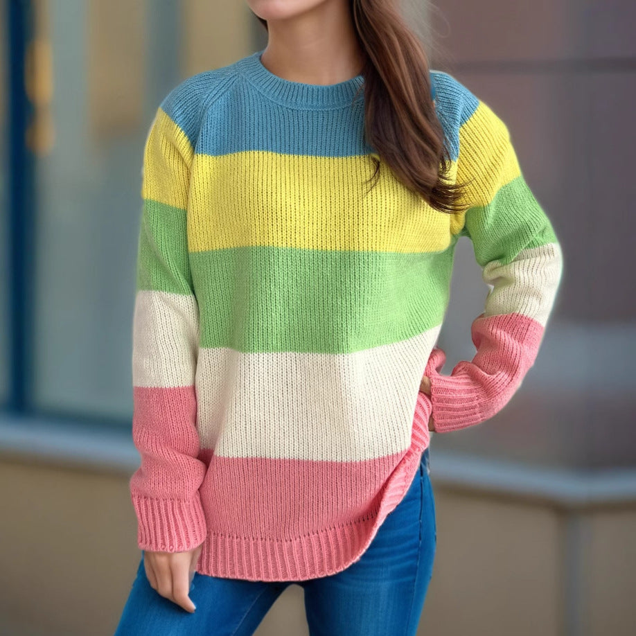 Damen lässiger Strickpullover mit bunten Blockstreifen und weitem Schnitt Heidi-Mode