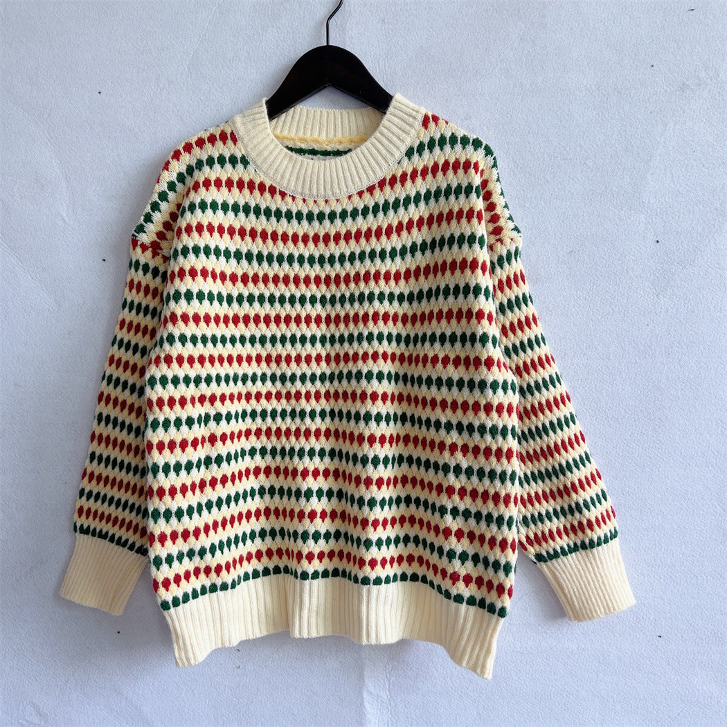Damen lässiger Strickpullover mit buntem Rautenmuster und Rundhalsausschnitt Heidi-Mode