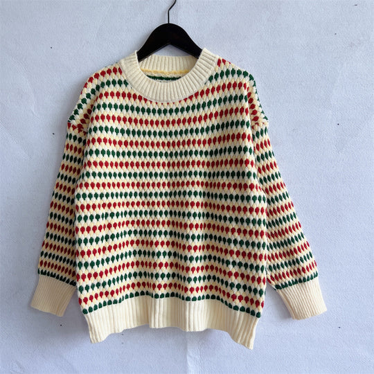Damen lässiger Strickpullover mit buntem Rautenmuster und Rundhalsausschnitt Heidi-Mode