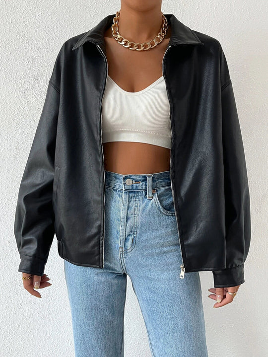 Damen trendige Kunstlederjacke im modernen Schnitt mit lässigem Reißverschluss Heidi-Mode