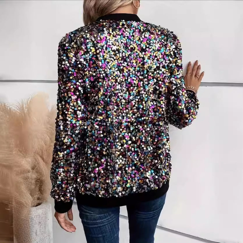 Damen Glitzer Bomberjacke mit funkelnden Pailletten und elastischen Bündchen Heidi-Mode