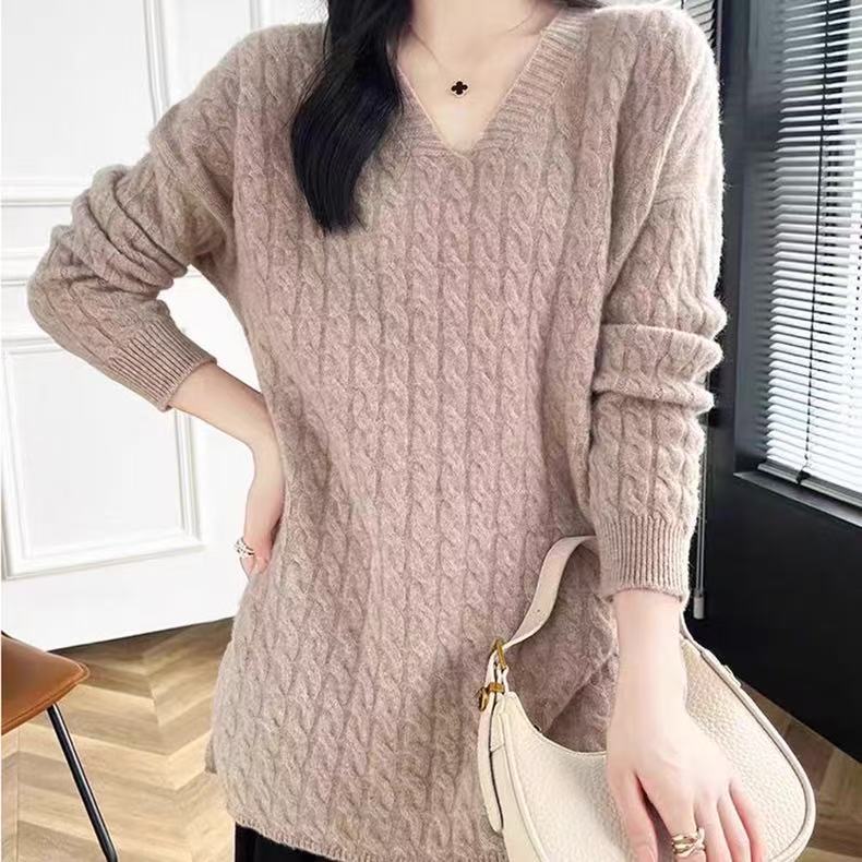 Damen Grobstrickpullover mit V-Ausschnitt und lässigem Schnitt Heidi-Mode