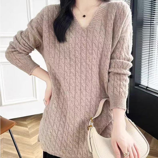 Damen Grobstrickpullover mit V-Ausschnitt und lässigem Schnitt Heidi-Mode