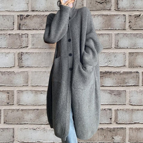 Damen Länger geschnittener Strickcardigan mit Knopfverschluss und aufgesetzten Taschen Heidi-Mode