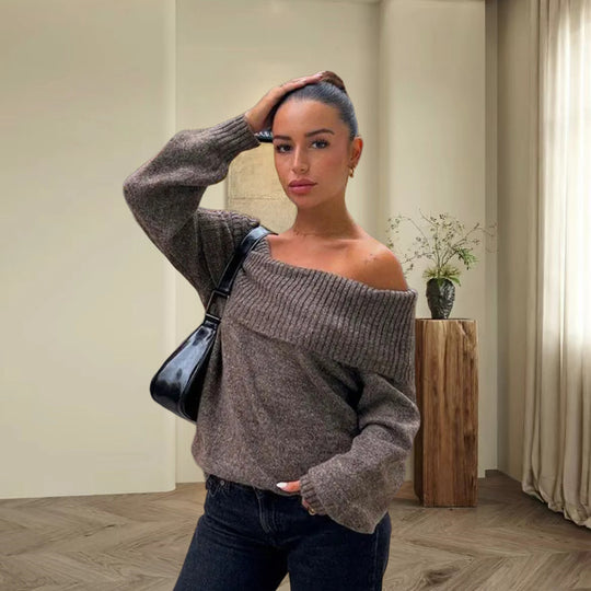 Damen Oversized Strickpullover mit schulterfreiem Design Heidi-Mode