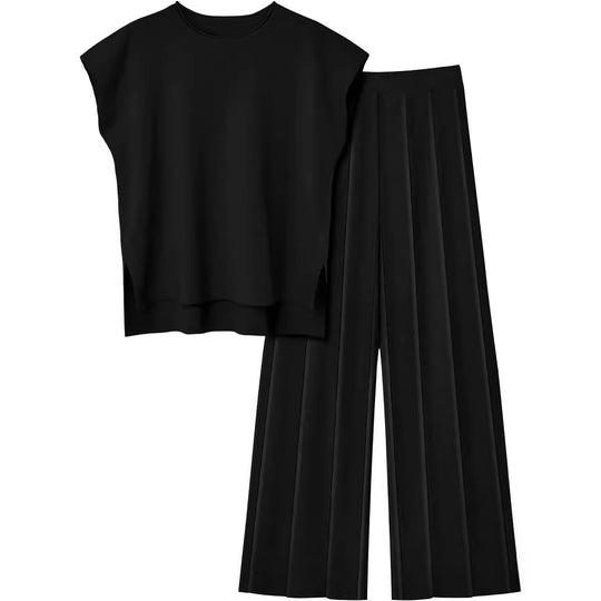Damen elegantes Set mit kurzärmligem Oberteil und plissierter Hose Heidi-Mode