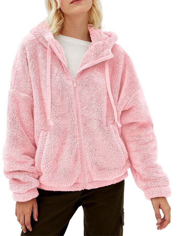 Damen Flauschige Fleecejacke mit Kapuze und Eingrifftaschen Heidi-Mode
