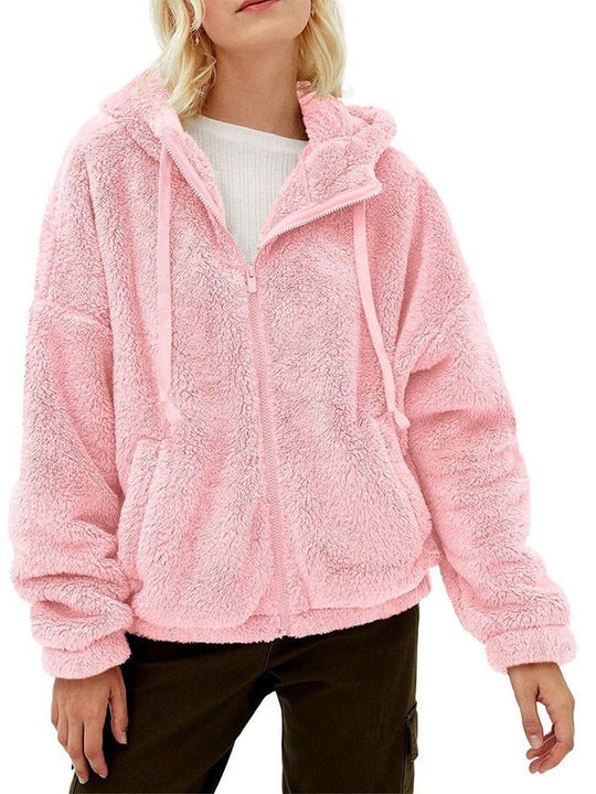 Damen Flauschige Fleecejacke mit Kapuze und Eingrifftaschen Heidi-Mode