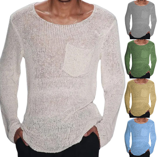 Herren lässiger Pullover mit offener Maschenstruktur und Brusttasche Heidi-Mode