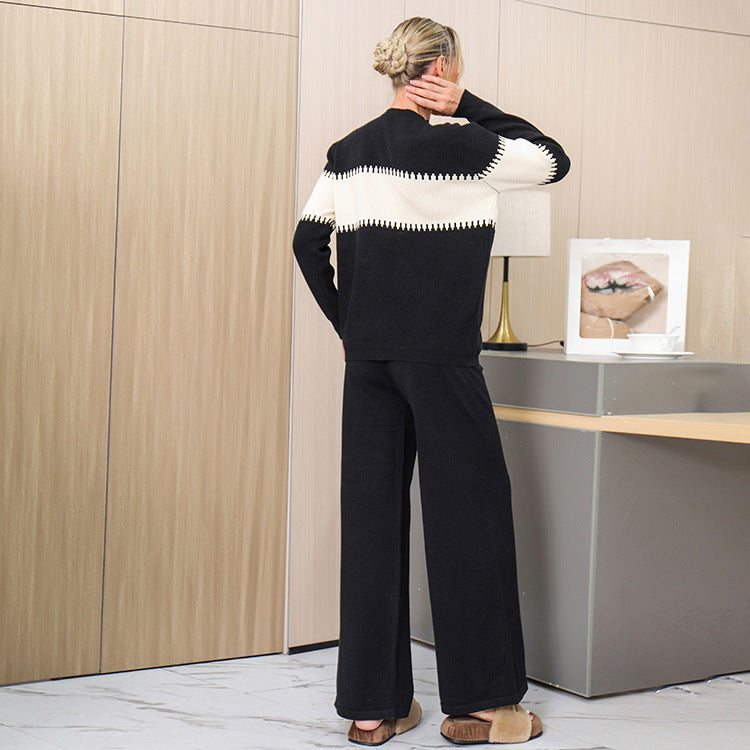 Damen gemütliches Strick-Loungewear-Set mit elegantem Strukturmuster und weitem Bein Heidi-Mode
