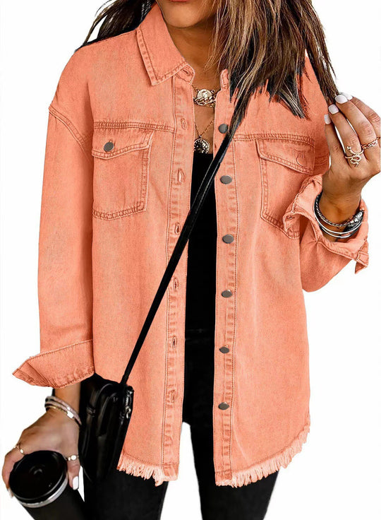 Damen Denim Overshirt mit fransigem Saum und Brusttaschen Heidi-Mode