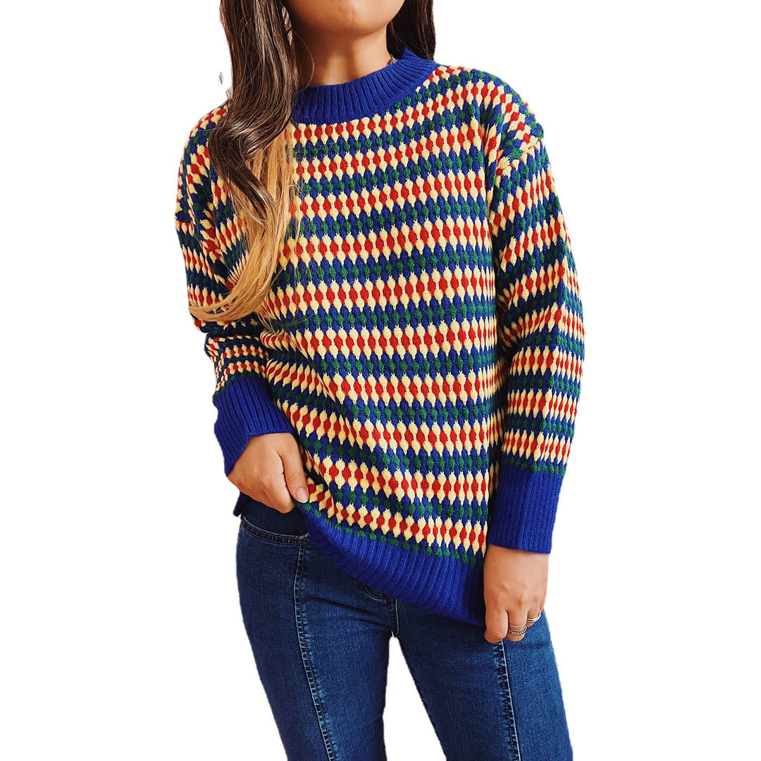 Damen lässiger Strickpullover mit buntem Rautenmuster und Rundhalsausschnitt Heidi-Mode