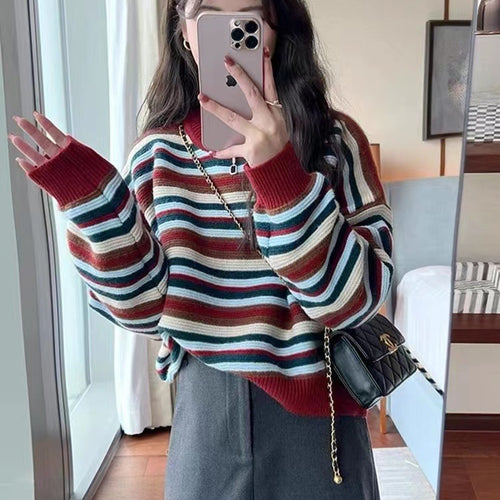 Damen gestreifter Pullover mit weitem Schnitt und modischen Details Heidi-Mode