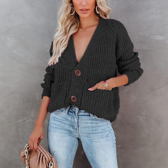 Heidi-Mode | Damen Strick Stilvolle Große Knopf Pullover