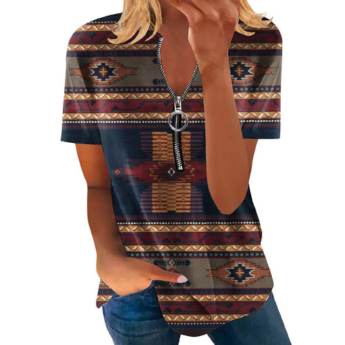 Damen modisches Kurzarm-Oberteil mit dekorativem Zipper und tribalisiertem Design Heidi-Mode
