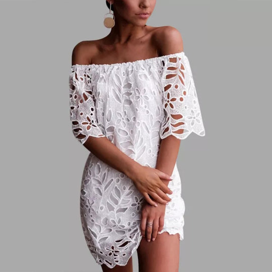 Damen Off-Shoulder Kleid mit floralen Cut-Outs und luftigen Ärmeln Heidi-Mode