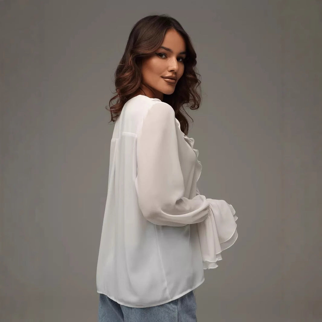 Damen leichtes Chiffon-Blusenshirt mit Rüschen und Kordelzug Heidi-Mode