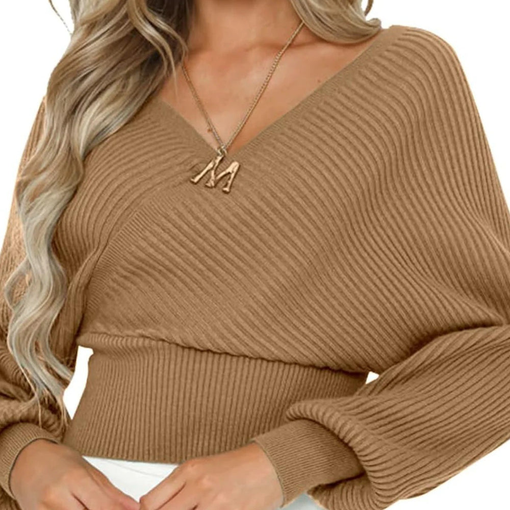 Damen lässiger V-Ausschnitt Pulli mit breiten Ärmeln und Rippstruktur Heidi-Mode