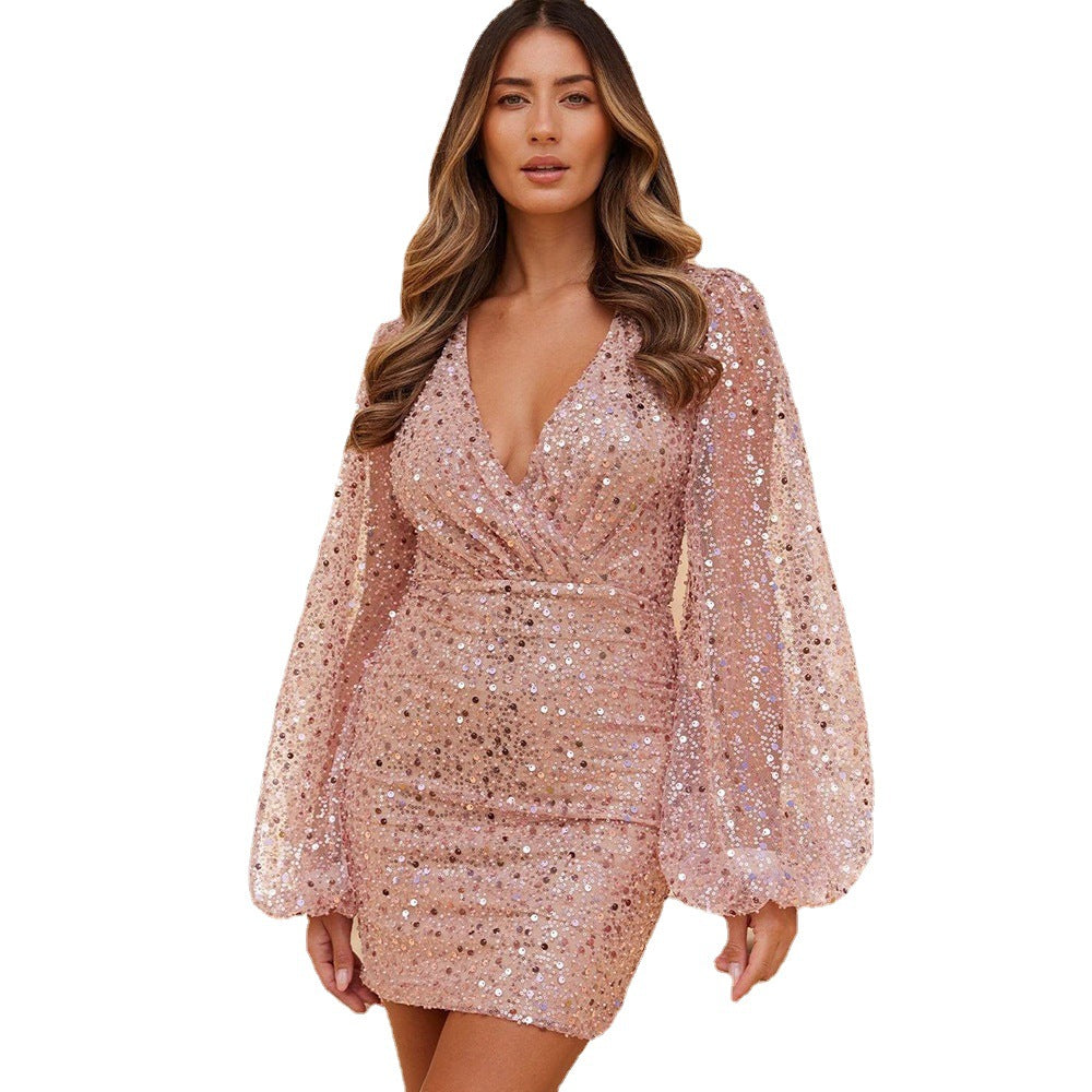 Damen Funkelndes Cocktailkleid mit voluminösen Ärmeln und glitzerndem Obermaterial Heidi-Mode